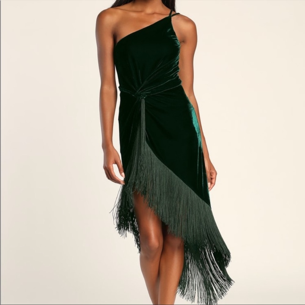 Lulu's Emerald Green One-Shoulder Asymmetrical Fringe Dress